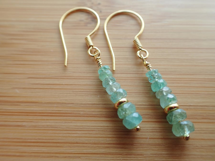 Zambian Emerald gold vermeil bead bar drop earrings, May birthstone