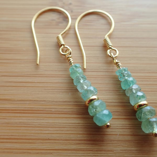 Zambian Emerald gold vermeil bead bar drop earrings, May birthstone