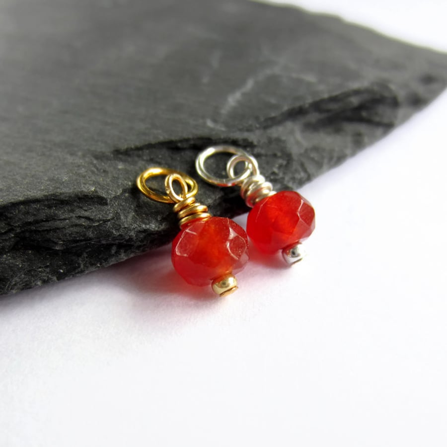 Red Carnelian Wire Wrapped Gemstone Charm - Silver, Gold or Rose Gold - 6mm