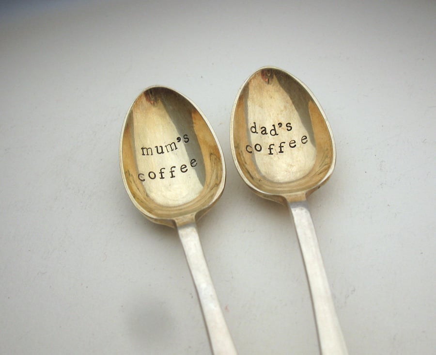 Mum's Coffee and Dad's Coffee, Hand Stamped Vintage Spoons