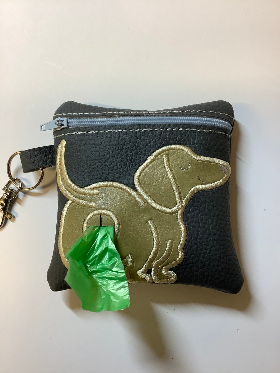 Lovely  Dachshund  Embroidered Grey faux leather dog poo bag ,dog walking,