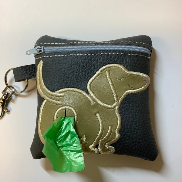 Lovely  Dachshund  Embroidered Grey faux leather dog poo bag ,dog walking,