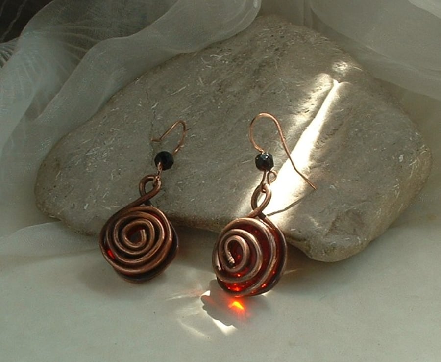"Rosebud" Rustic Glass & Copper Earrings