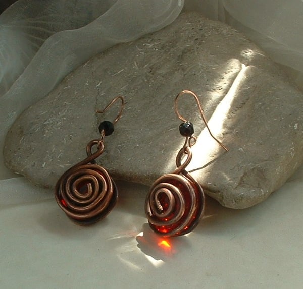 "Rosebud" Rustic Glass & Copper Earrings