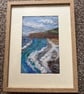Needle felt coastal beach scene cliffs, waves, cloudy blue sky light wood frame  - Image 1