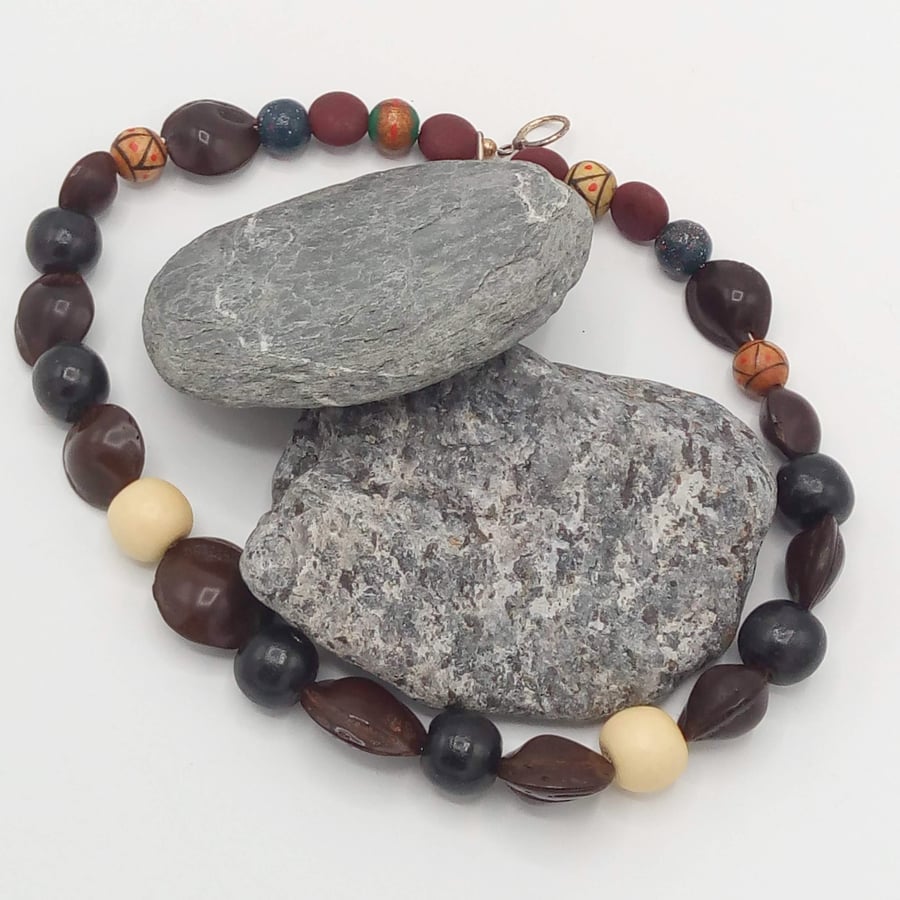 Men's Wooden Bead and Seed Necklace, Men's Beaded Necklace
