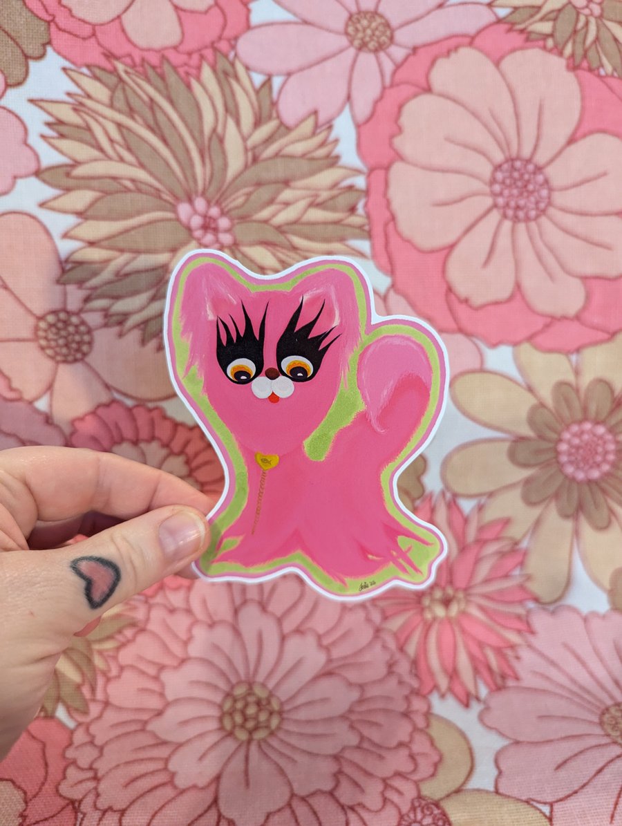 Kitsch vintage pink fluffy cat toy large vinyl sticker