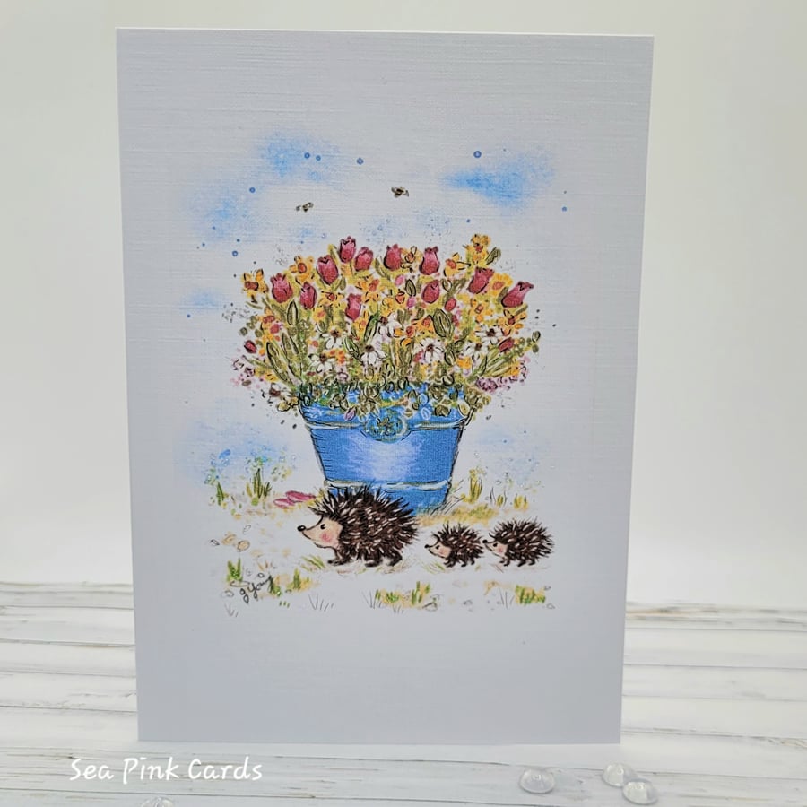 Easter Card - spring, hedgehogs, flowers, blank 