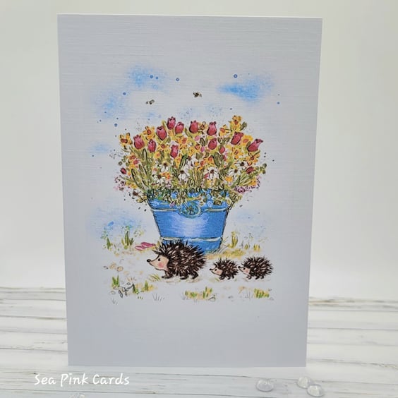 Easter Card - spring, hedgehogs, flowers, blank 
