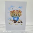 Easter Card - spring, hedgehogs, flowers, blank 