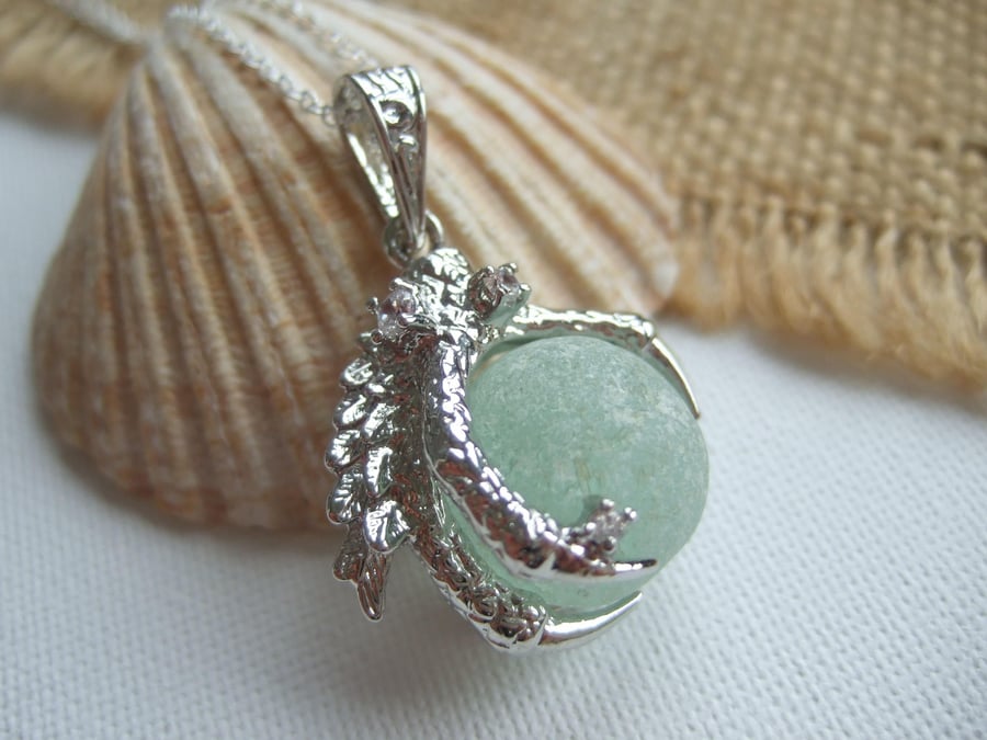Sea glass marble dragon claw necklace, dragon pendant, codd sea glass marble 