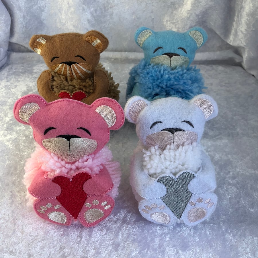 Pretty handmade pompom bear with heart - FREE P&P