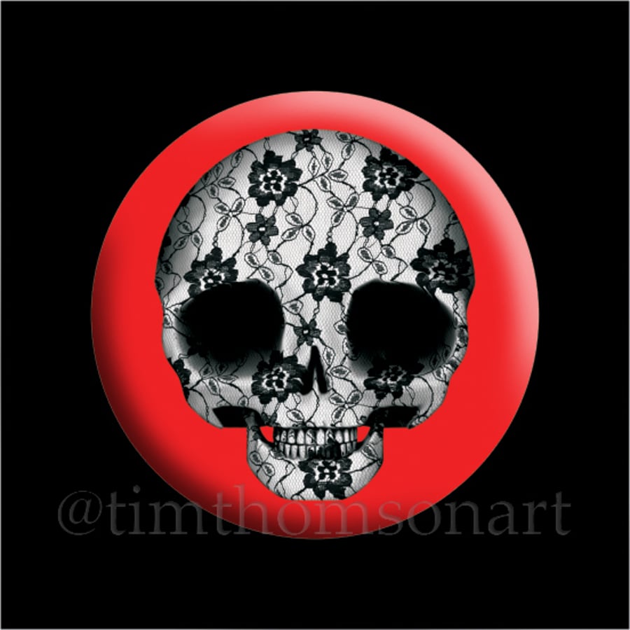 Lace Covered Pullip Skull design on a 25mm button pin badge