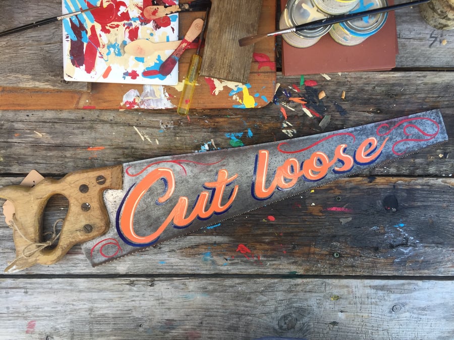 'Cut loose' hand-painted vintage saw