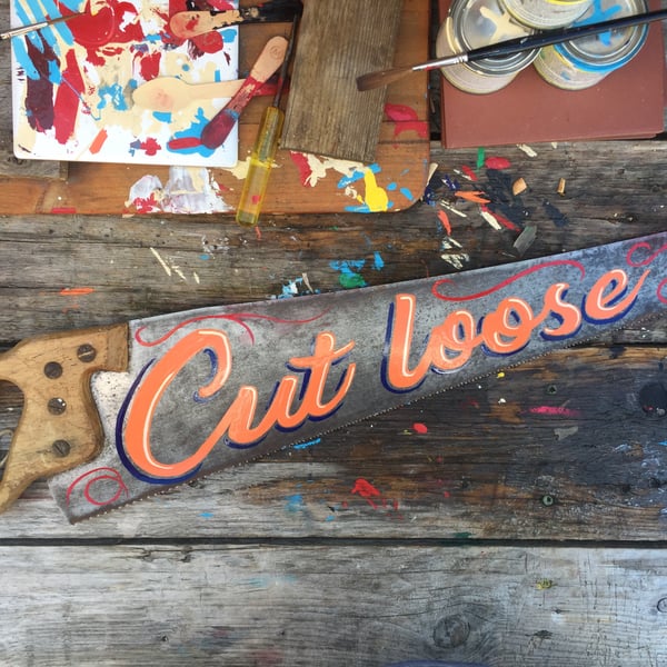 'Cut loose' hand-painted vintage saw