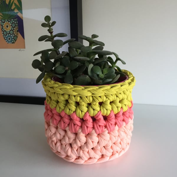 Crochet plant pot cover made with upcycled tshirt yarn - pink and yellow mini