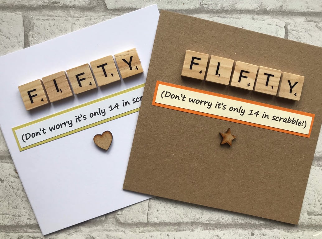 Handmade 50th Birthday Card: Wooden Scrabble Tiles, HeartStar Embellishment