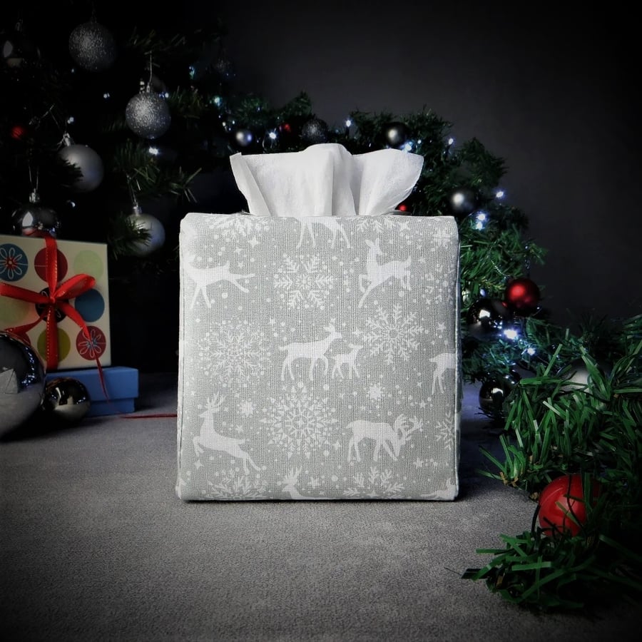 Square Tissue Box Cover - Reindeer on Grey Christmas Design
