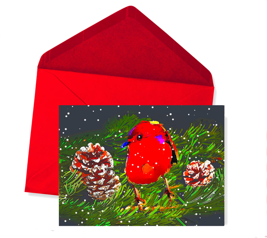 SALE - Christmas Card, Robin in Pine Cones