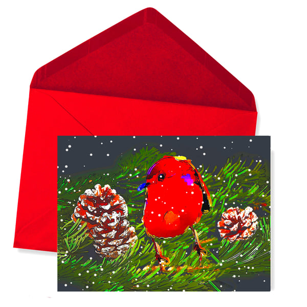 SALE - Christmas Card, Robin in Pine Cones