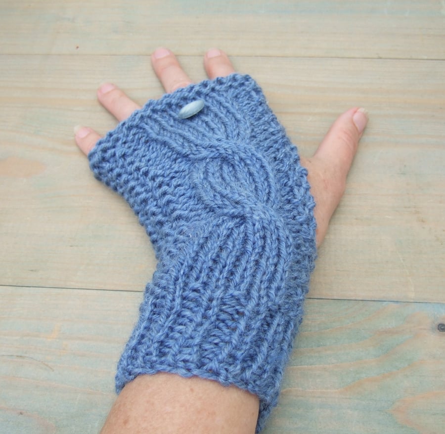 Blue Hand Knitted Wristwarmers - Aran Fingerless Gloves