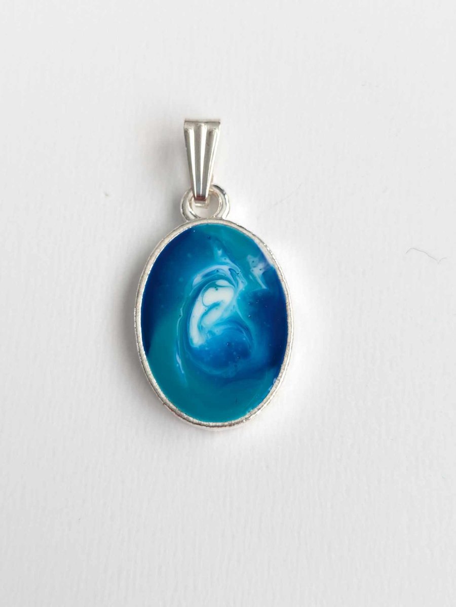 Small Oval Pendant With Blue, Green & White Swirls