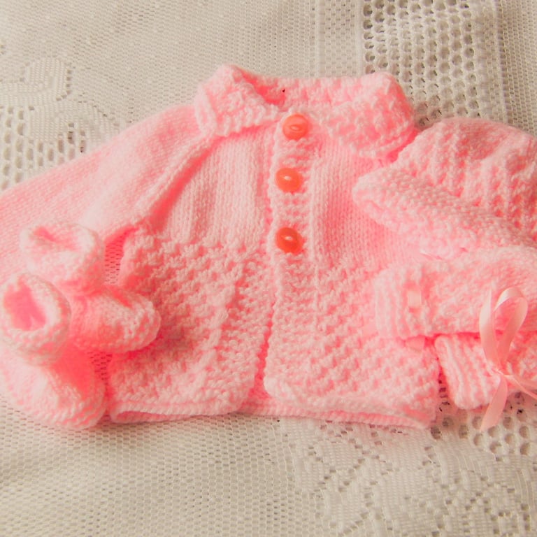 Baby Girl's Hand Knitted 4 Piece Cardigan Set, Baby Shower Gift, New Baby Gift