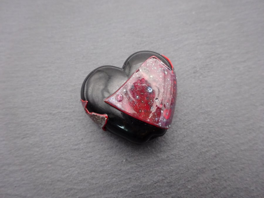 lampwork glass beads, black and red shard wrapped heart pendant