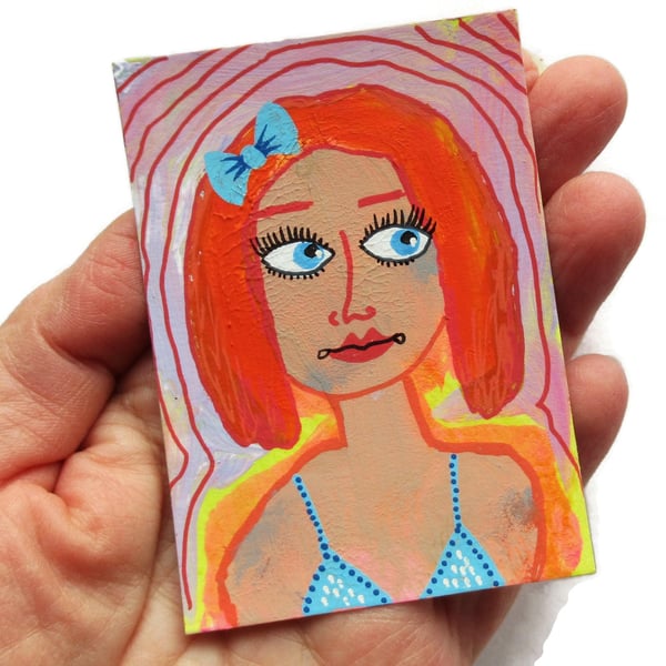 Female Tiny Portrait Painting Red Ginger Auburn Hair Woman ACEO Tiny Artwork