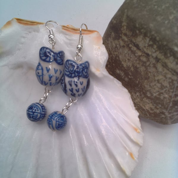 White and Blue Round and Owl Bead Earrings, Gift for Her, Owl Earrings