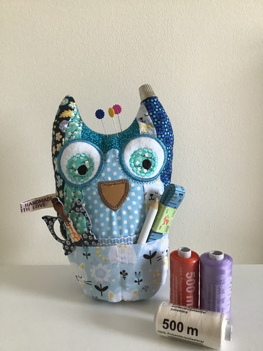 Large patchwork Owl pincushion and storage caddy. Blue . Reduced.