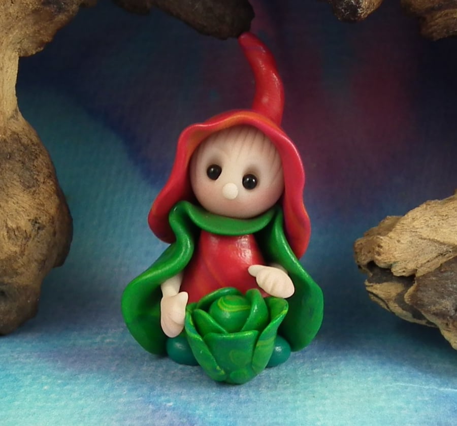 Tiny Festive Gnome 'Noella' with Sprout OOAK Sculpt by Ann Galvin