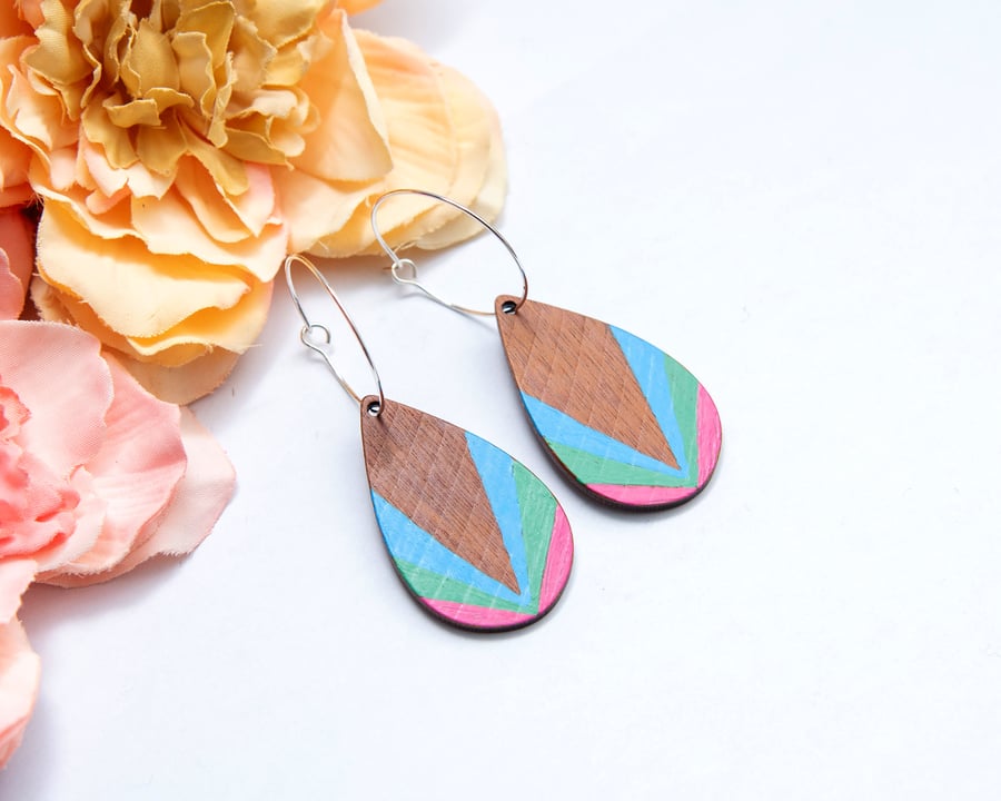 Hand Painted Wooden Teardrop Dangle Earrings, Bright Colourful Earrings