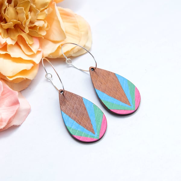 Hand Painted Wooden Teardrop Dangle Earrings, Bright Colourful Earrings