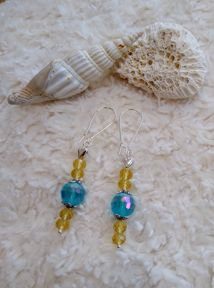 Beautiful Czech coated faceted turquoise crystal with lemon crystal EARRINGS