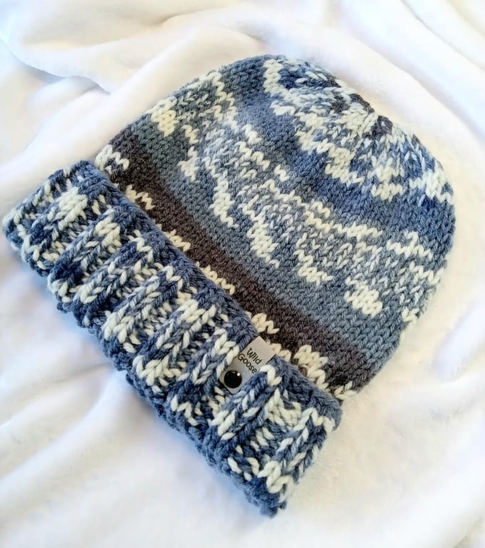 Hand Knit Beanie Hat. Fair Isle effect. Size - Medium to large adult.