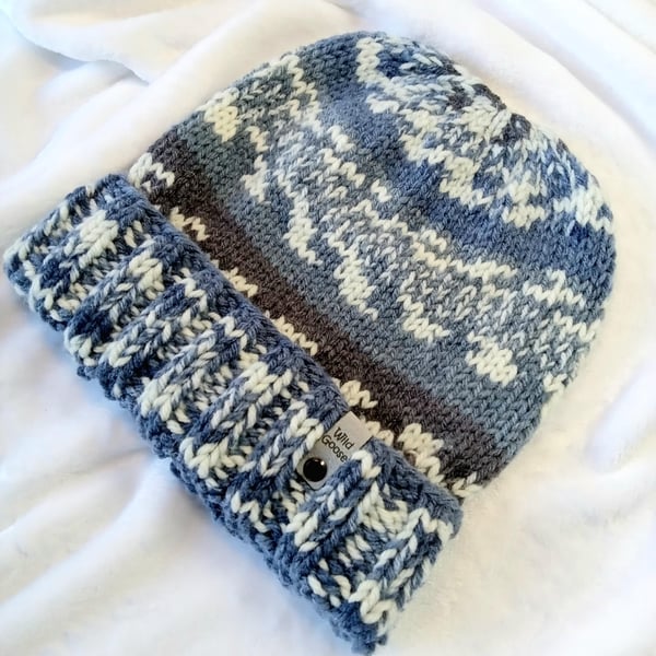 Hand Knit Beanie Hat. Fair Isle effect. Size - Medium to large adult.