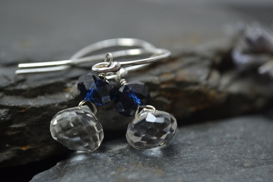Deep blue crystal and crystal quartz sterling silver handmade dangle earrings