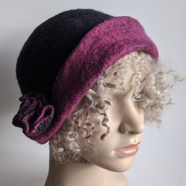 Charcoal felted wool cloche hat with magenta pink brim 