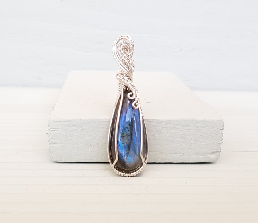 Labradorite Wire Wrapped Necklace on an 18" Sterling Silver Chain