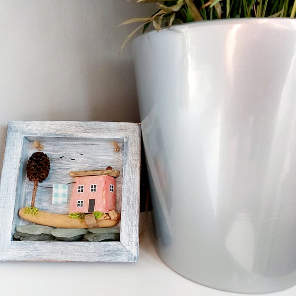 Rustic Hand Painted Driftwood Houses, Wooden Hanging Decoration, Sea Glass