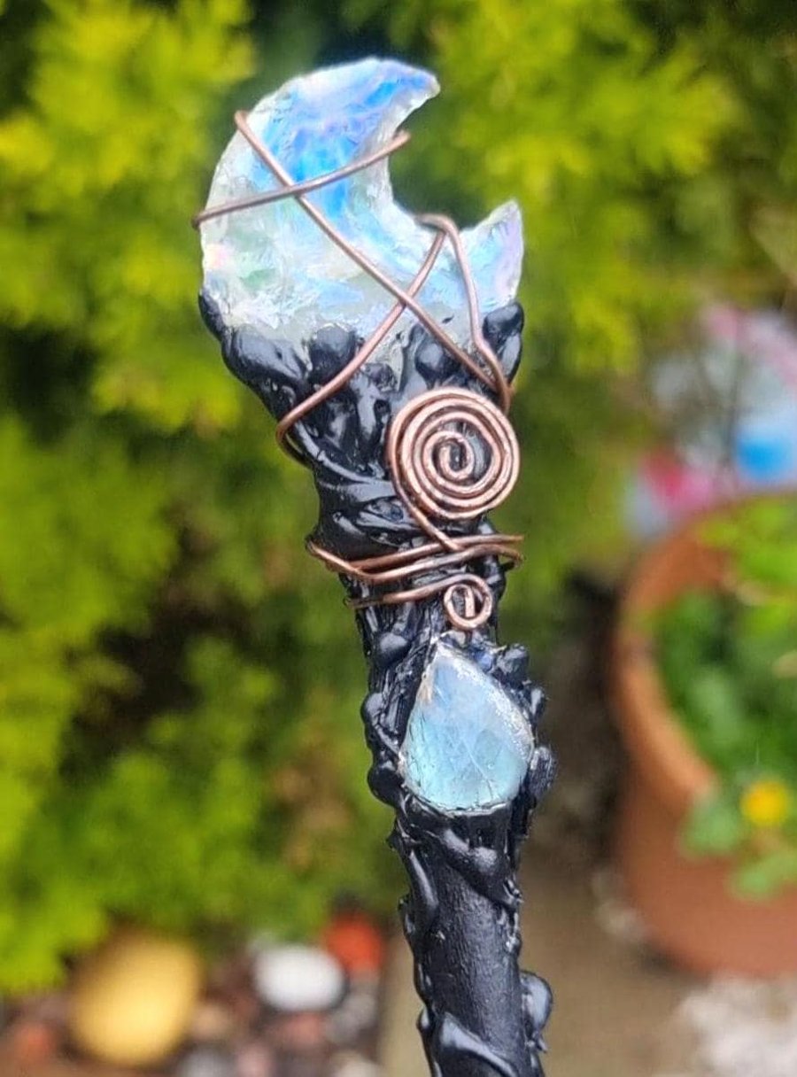 crystal wand Quartz Gemstone lunar Moon with Labradorite, handcrafted fairy witc