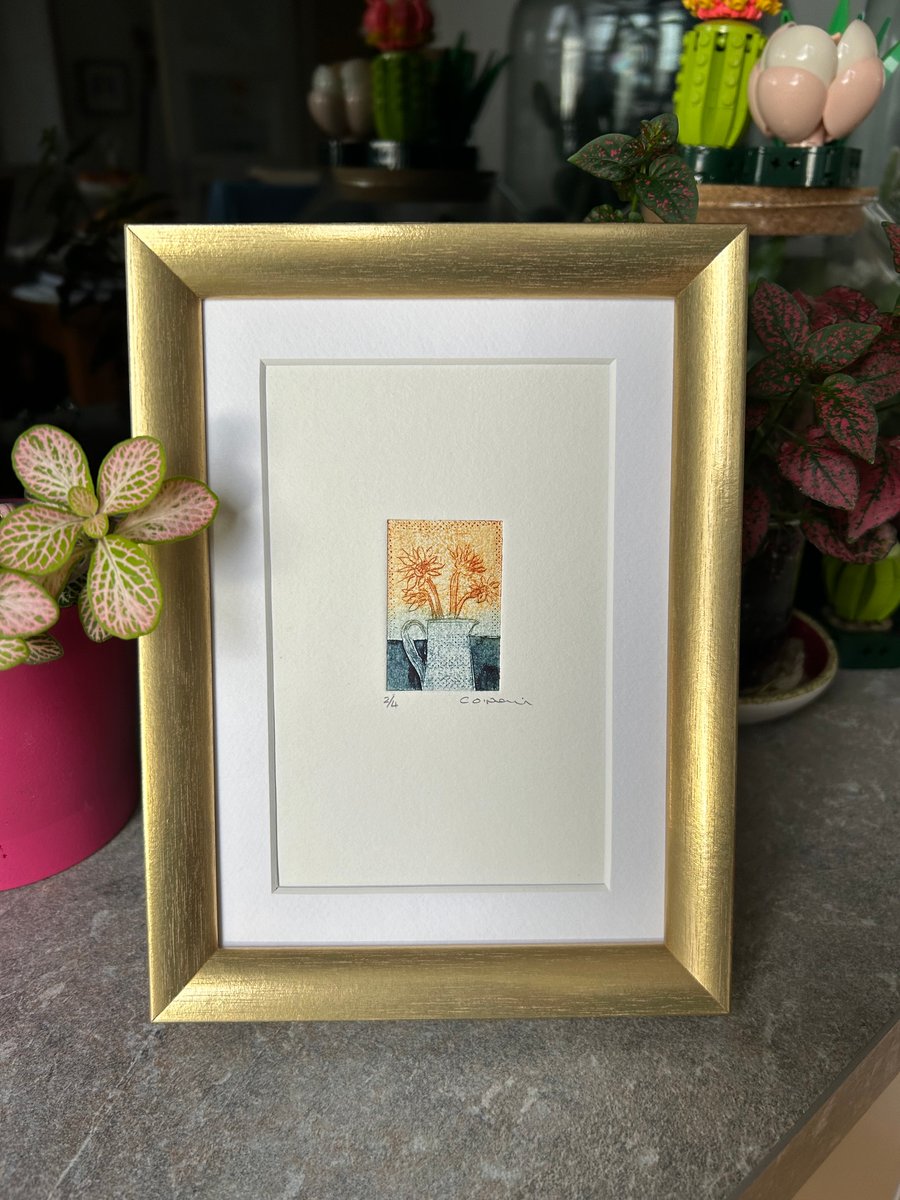 Sunflower Collagraph Print in a Gold Effect Frame.  
