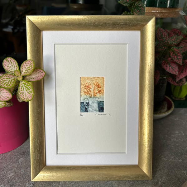 Sunflower Collagraph Print in a Gold Effect Frame.  