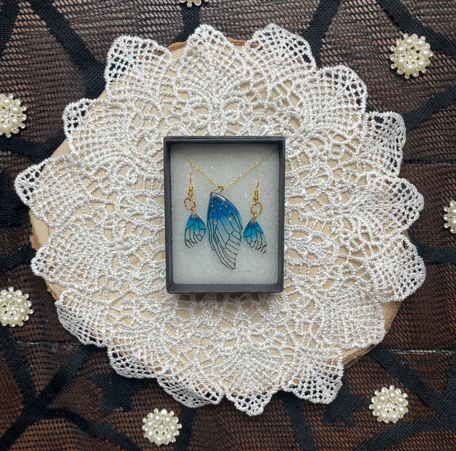 Blue fairy wing necklace and earring set