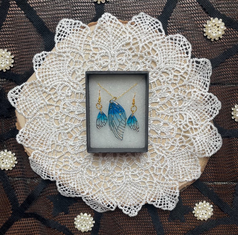 Blue fairy wing necklace and earring set