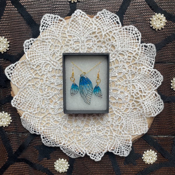 Blue fairy wing necklace and earring set