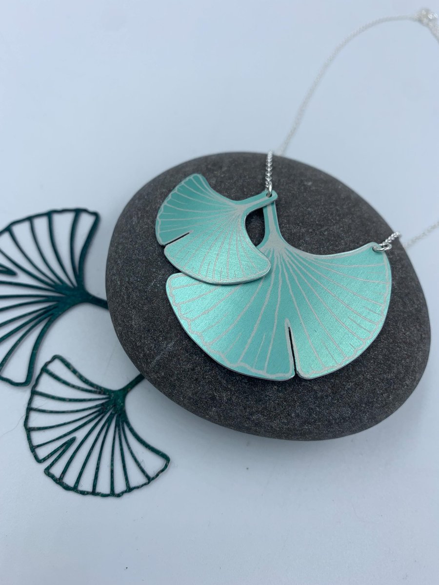 Double ginkgo aluminium pendant in teal