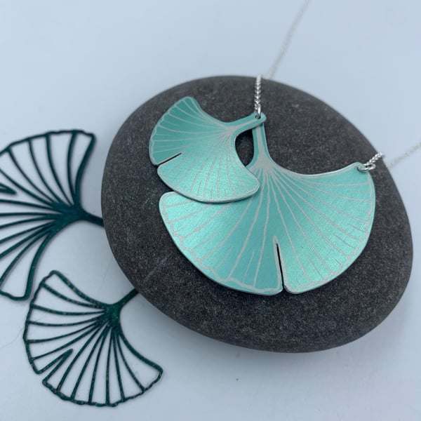 Double ginkgo aluminium pendant in teal