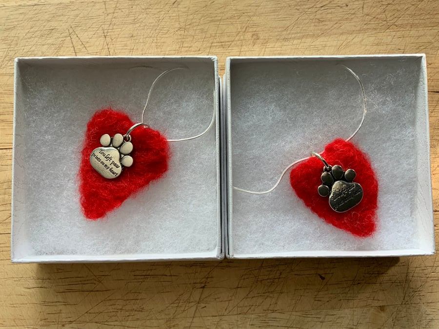 “You left paw prints on my heart” pendant with a felted red heart. Necklace 